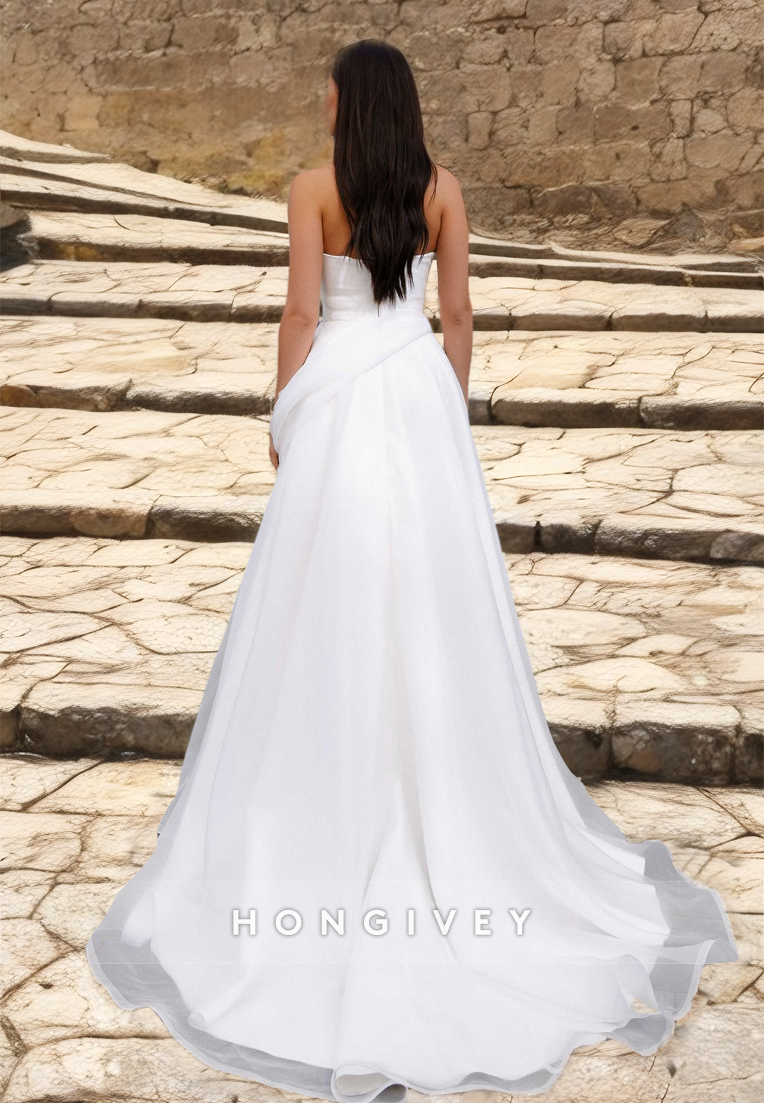 Simple Organza Tulle Strapless Sleeveless A-Line Wedding Dress with Side Slit