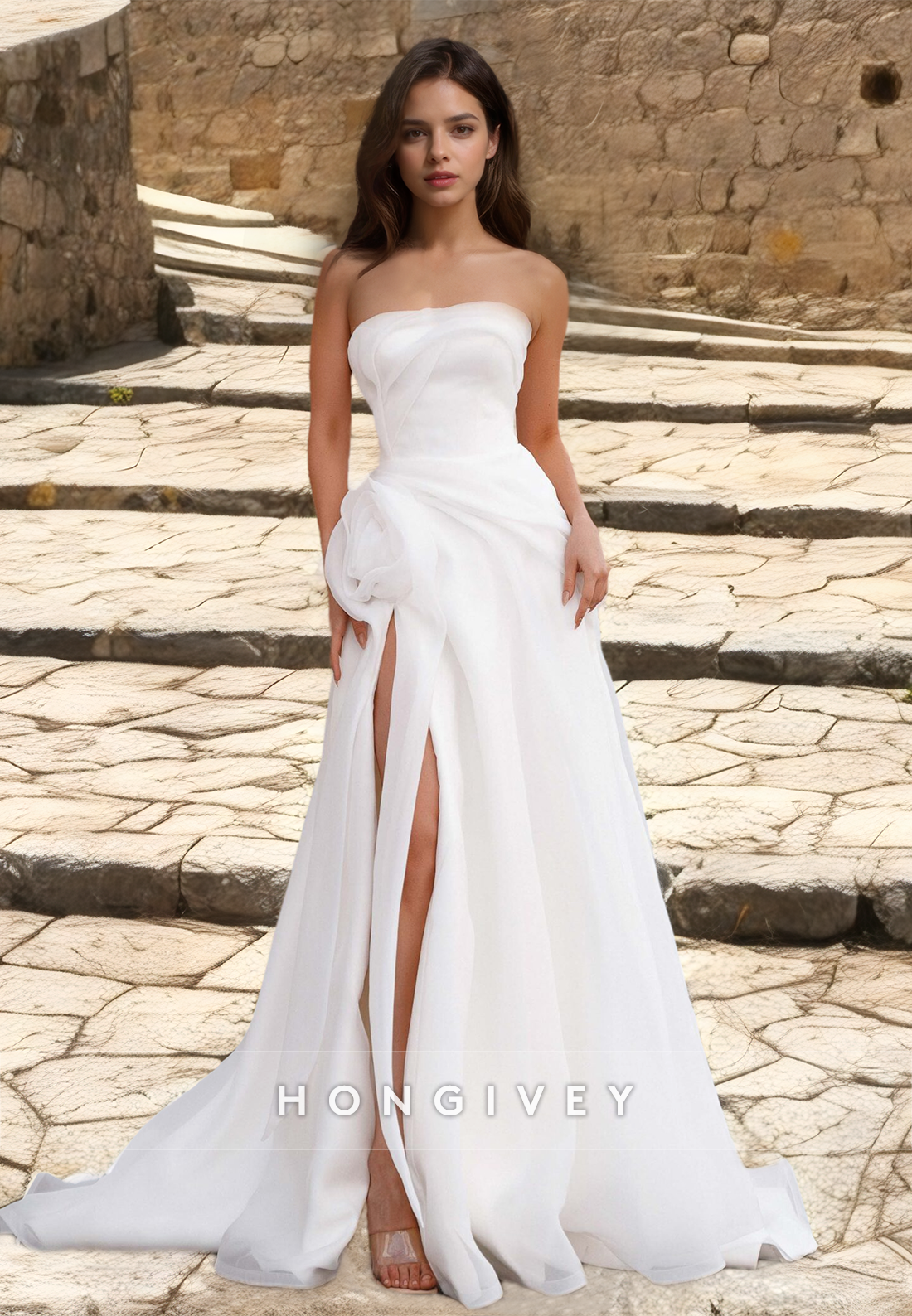 Simple Organza Tulle Strapless Sleeveless A-Line Wedding Dress with Side Slit