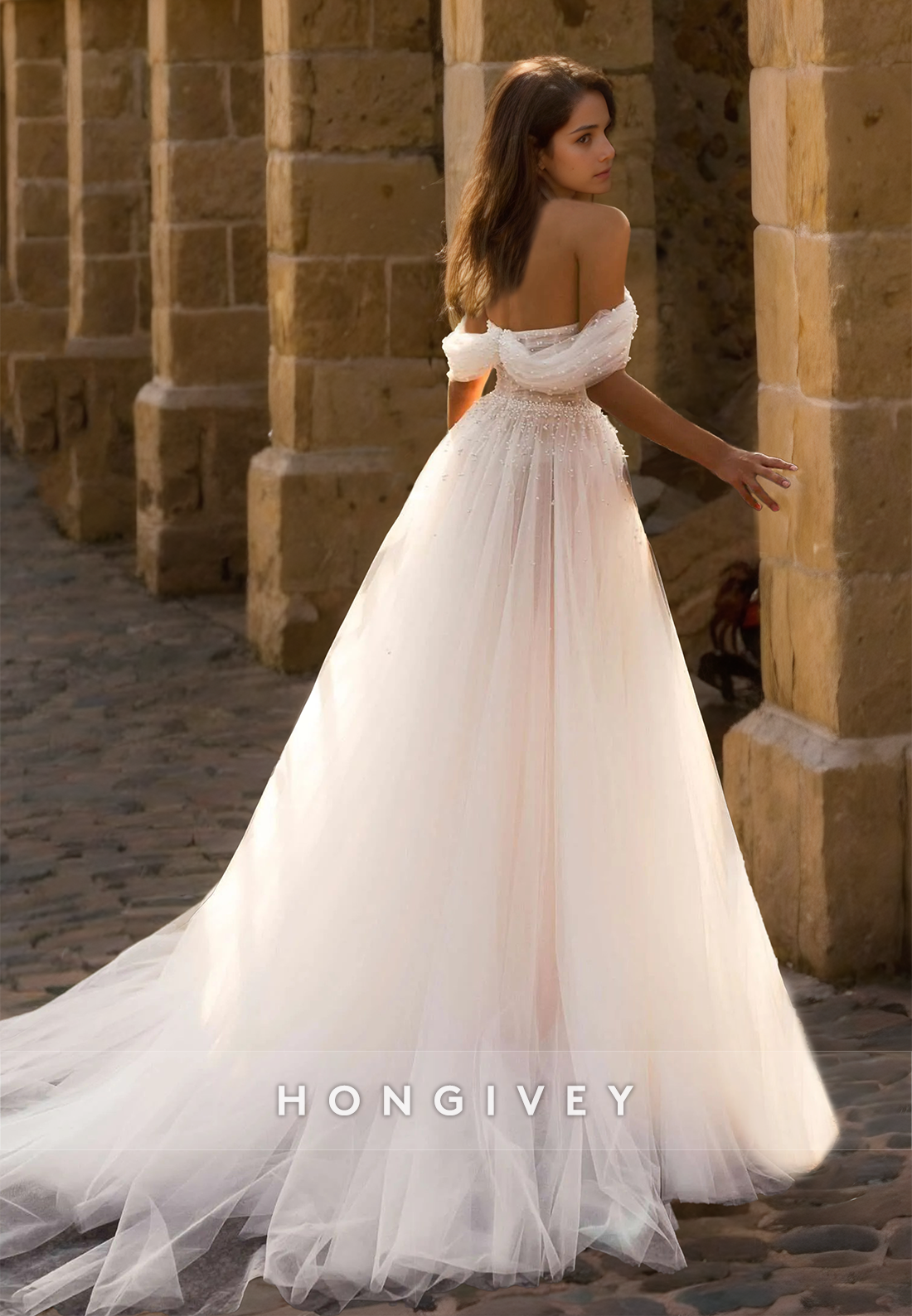 Classic Tulle Off-Shoulder A-Line Backless Wedding Dress with Train