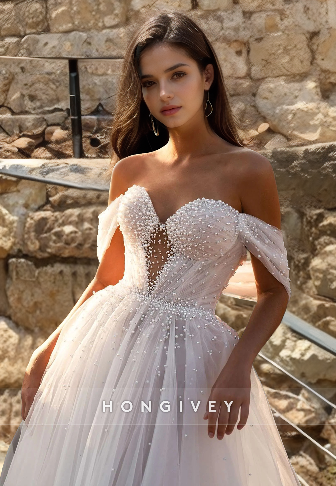 Classic Tulle Off-Shoulder A-Line Backless Wedding Dress with Train