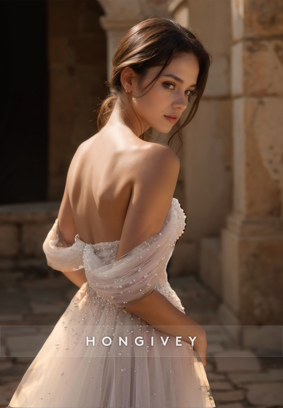Classic Tulle Off-Shoulder A-Line Backless Wedding Dress with Train