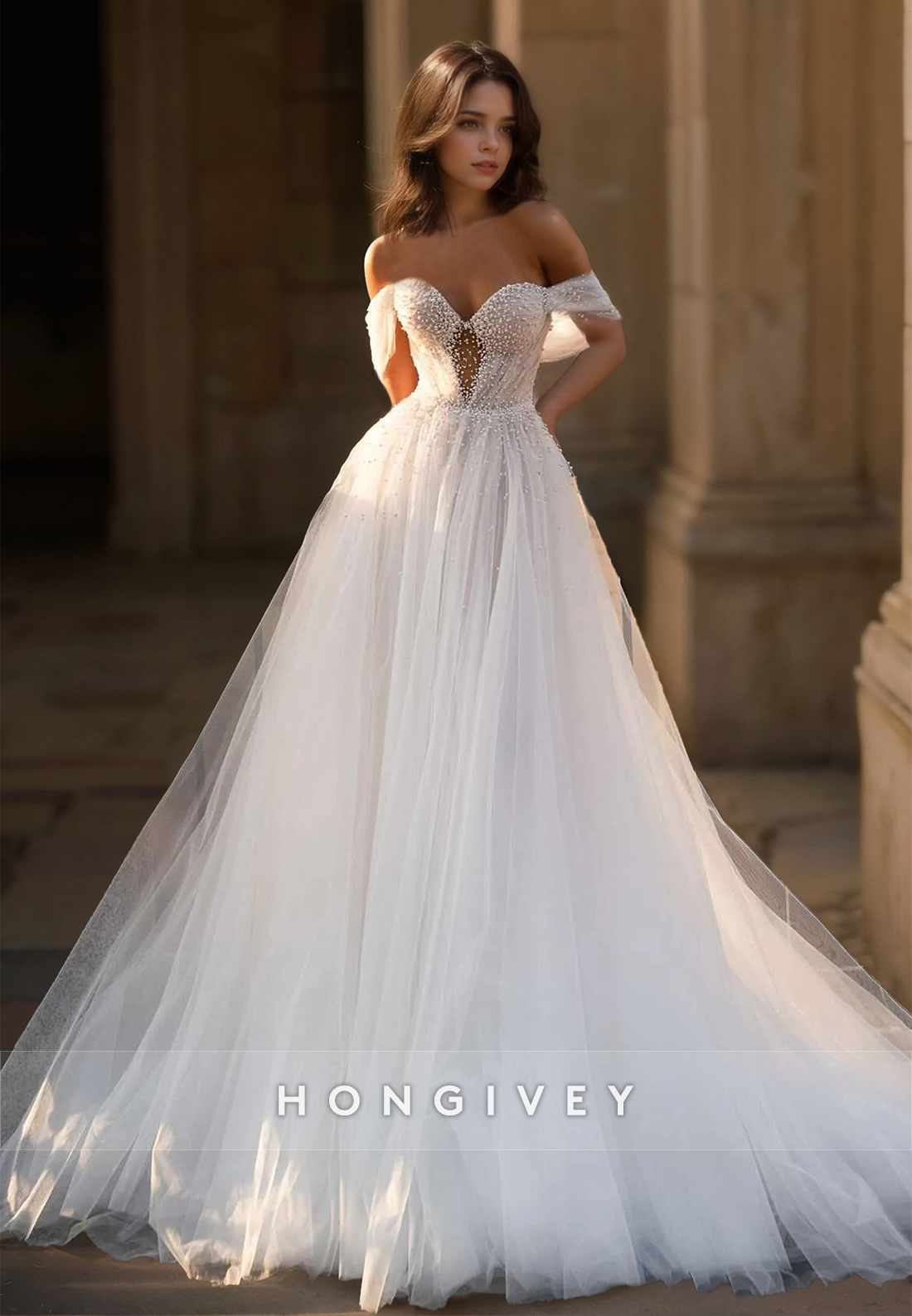 Classic Tulle Off-Shoulder A-Line Backless Wedding Dress with Train