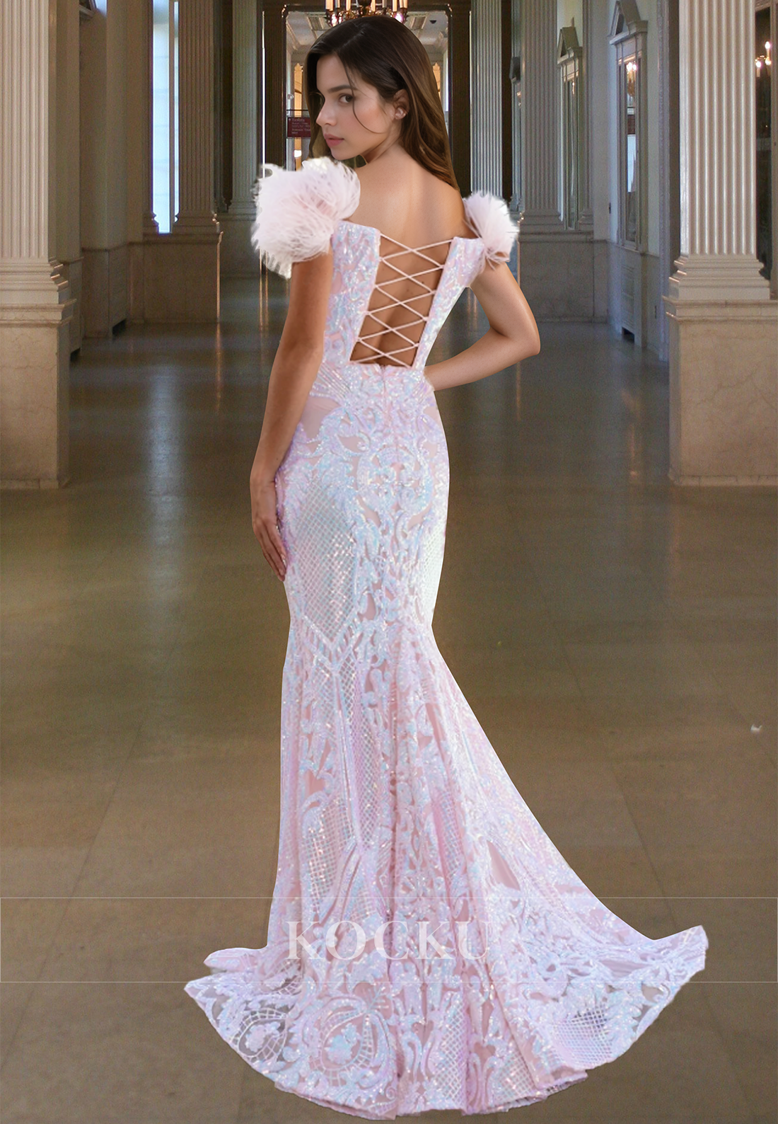 Sweetheart Sheath Prom Dress Sleeveless Slit Feather Evening Dress with Train