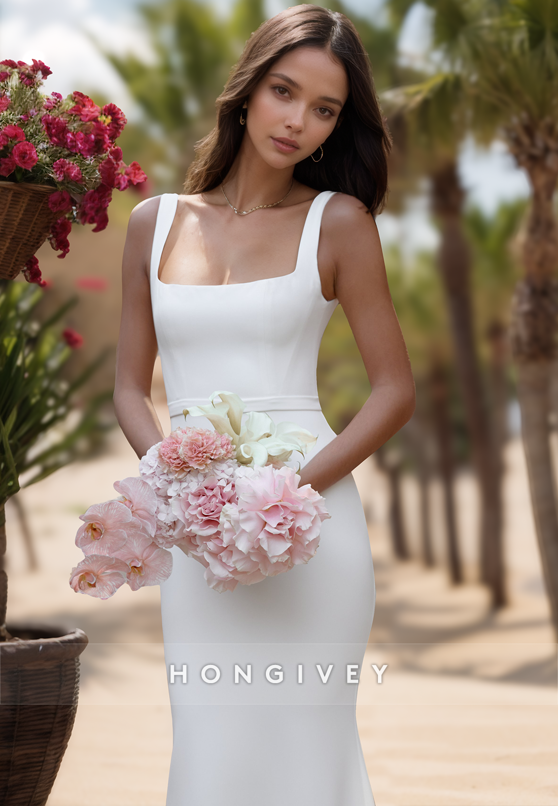 Mermaid Sequare Neackline Simple Beach Wedding Dress with Train