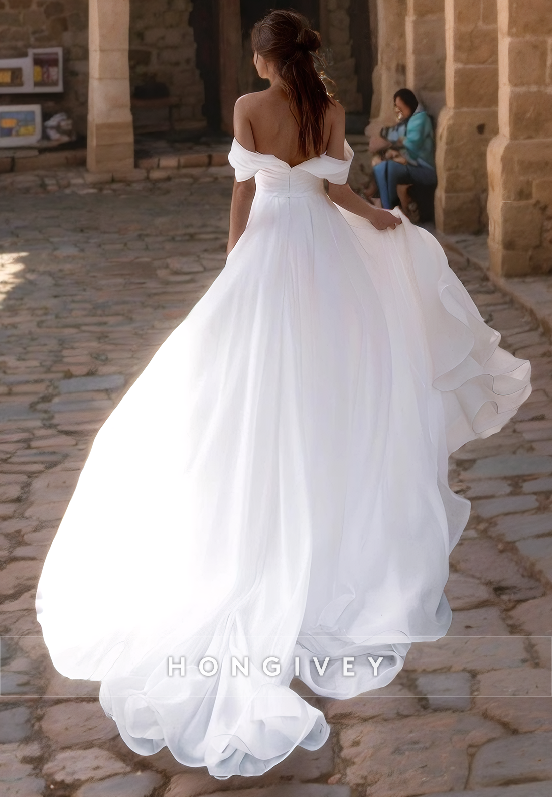 Off-Shoulder Tulle A-Line Side Slit Wedding Dress with Train Bride Gown