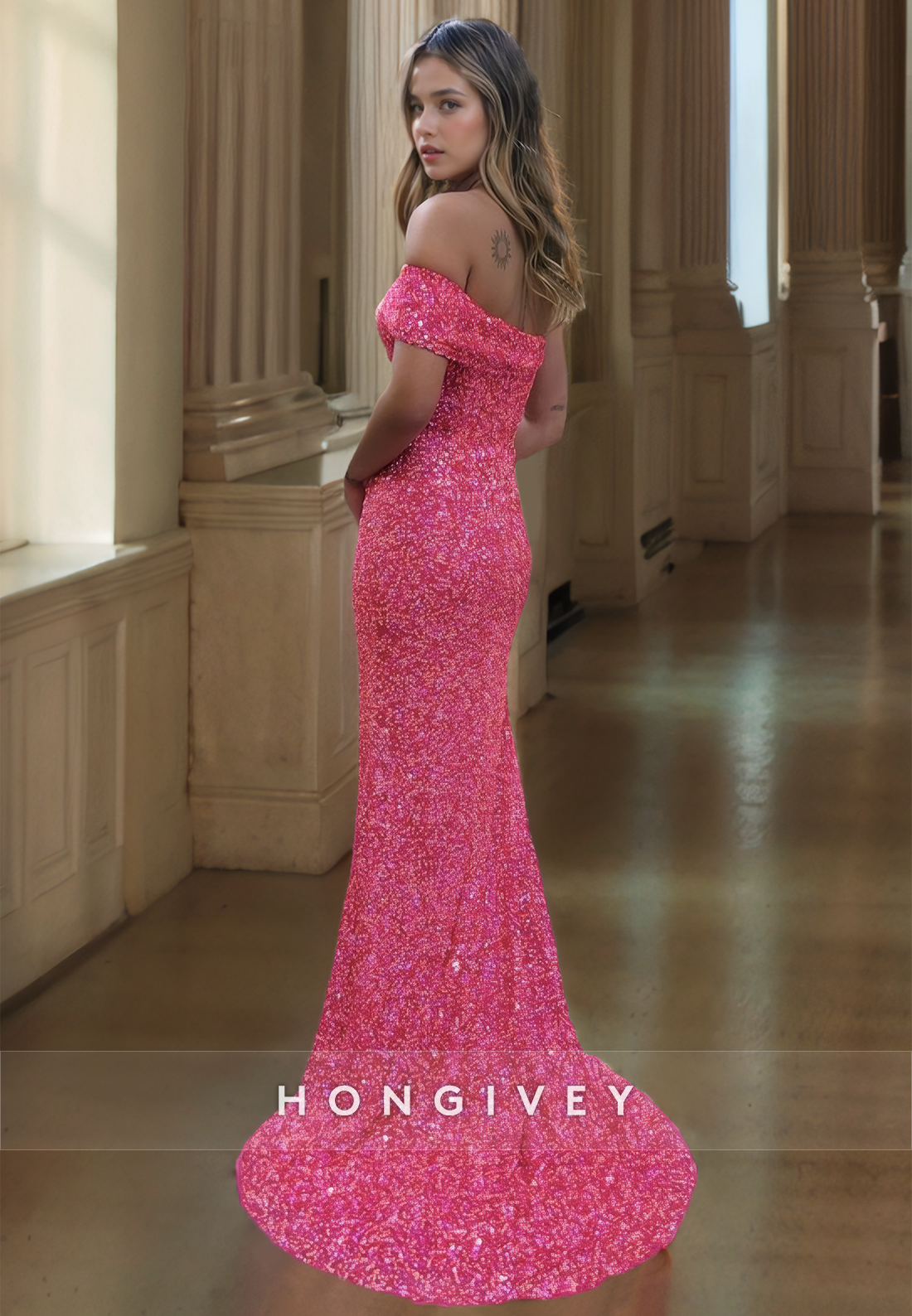 Sexy Fitted Glitter One Shoulder Fully Beaded With Side Slit Train Party Prom Evening Dress - Fashionpara