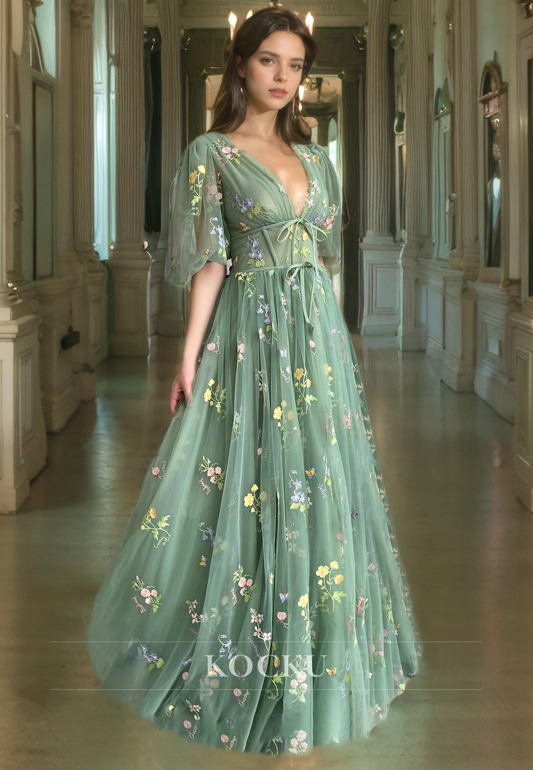 A-Line V-Neck Lace Prom Dress Puff Sleeves Party Gown with Bows