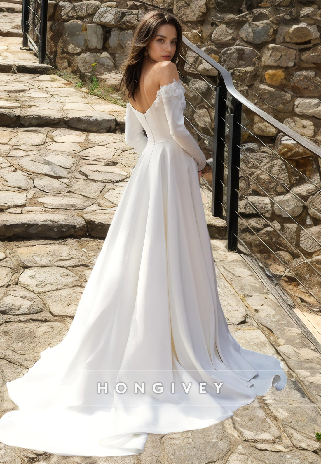 Floral Mermaid Wedding Dress with Train Long Sleeves Satin Bride Gown