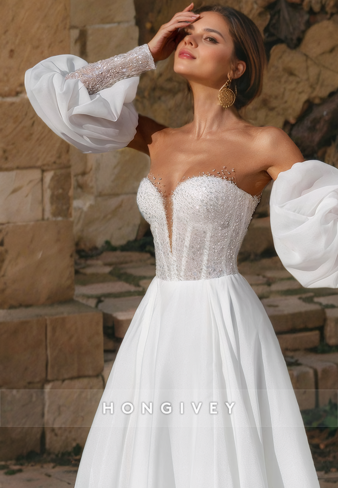 Applique Strapless Tulle Wedding Dress Long Sleeves A-Line with Side Slit Bride Gown