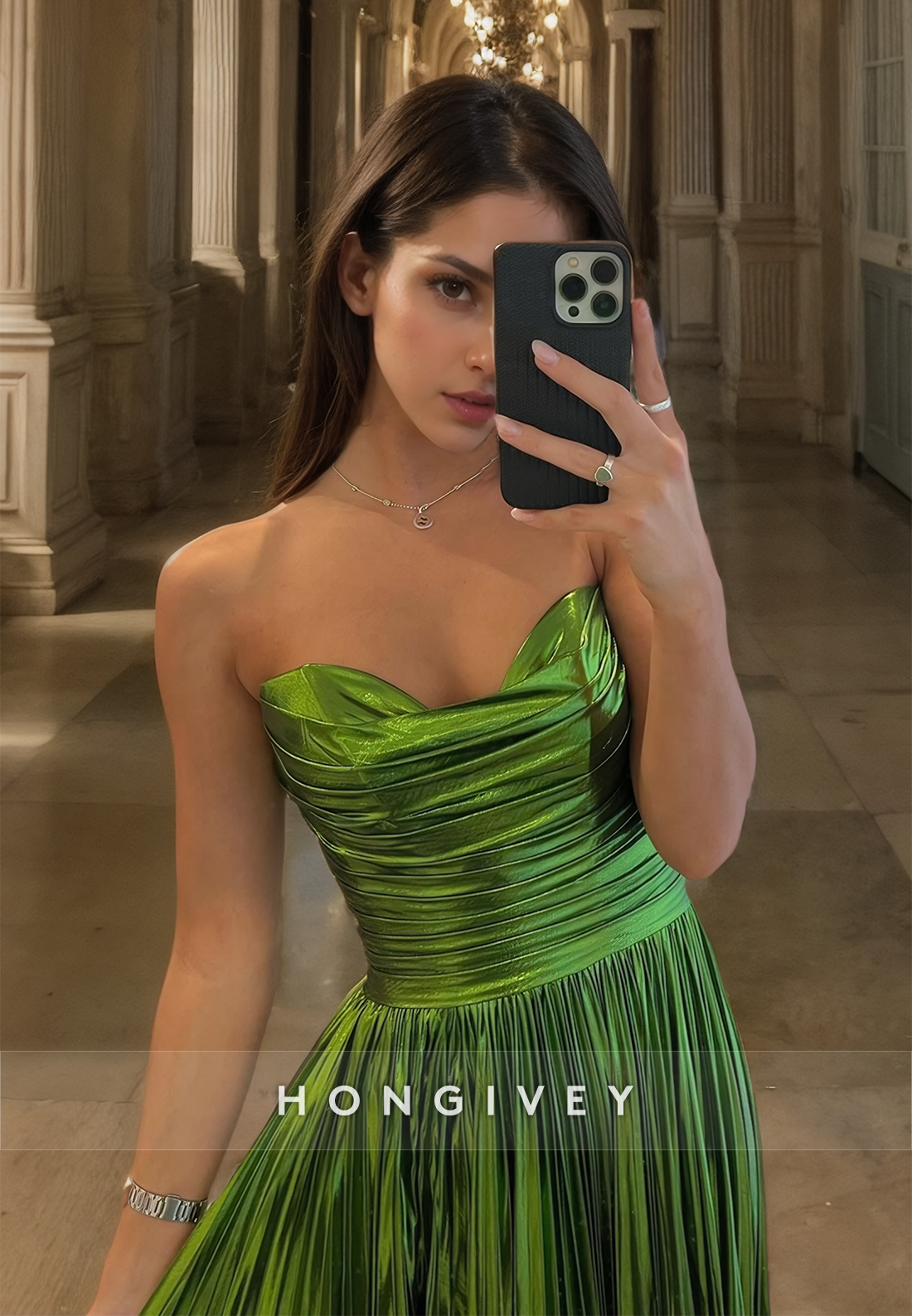 Strapless Green Evening Dress with Side Slit Prom Gown Homecoming Ball Gown