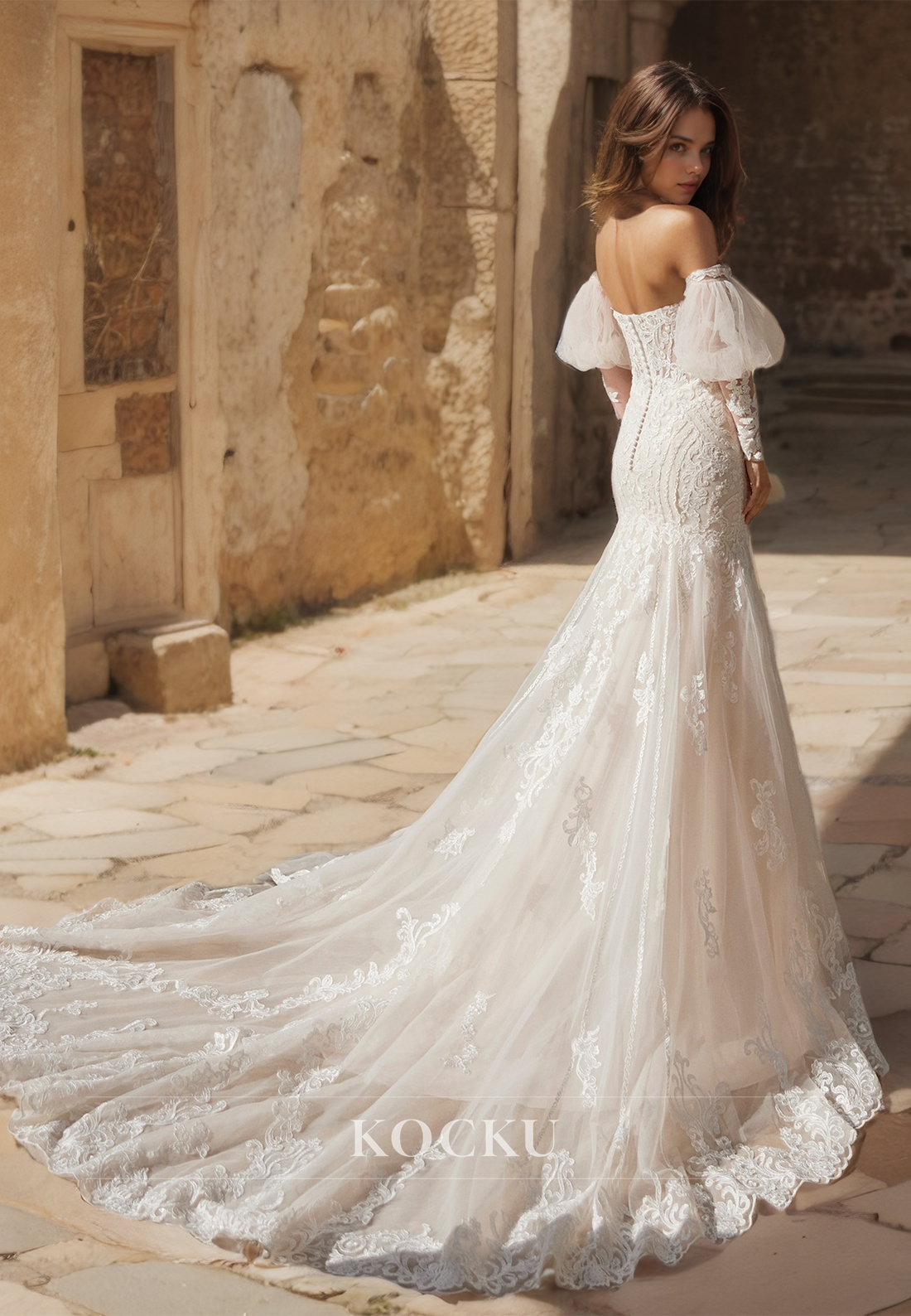 Elegant Off-Shoulder Sweetheart Mermaid Wedding Dress Sweep Train Lace Bridal Gowns with Appliques