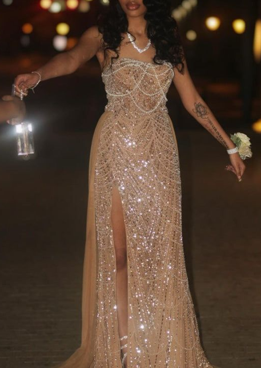 Gorgeous Champagne Strapless Tulle Sequin Slit Mermaid Prom Dress Long Evening Gown D1319