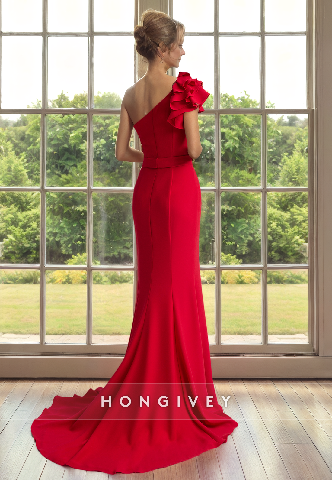 Satin Sheath One Shoulder Ruffled With Train Mother of the Bride Dress