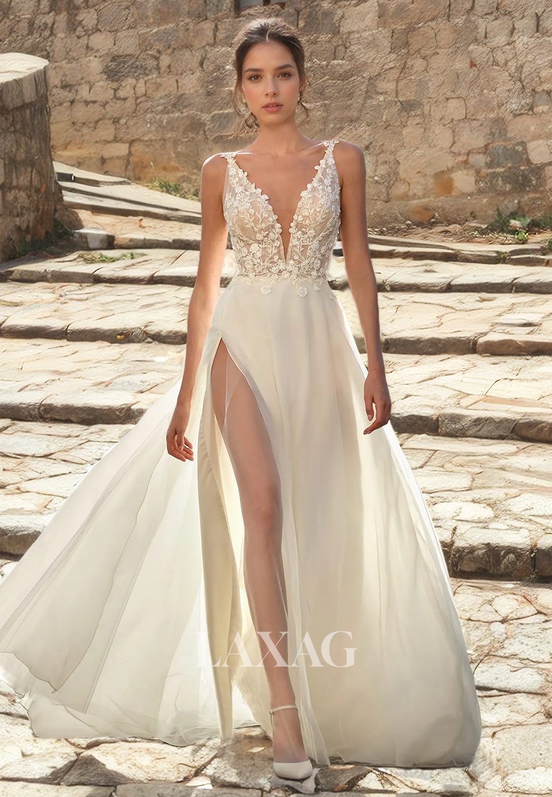 A-Line Deep V-Neck Beach Wedding Dress Spaghetti Straps Floor-Length Boho Dress with Lace Appiques - Fashionpara