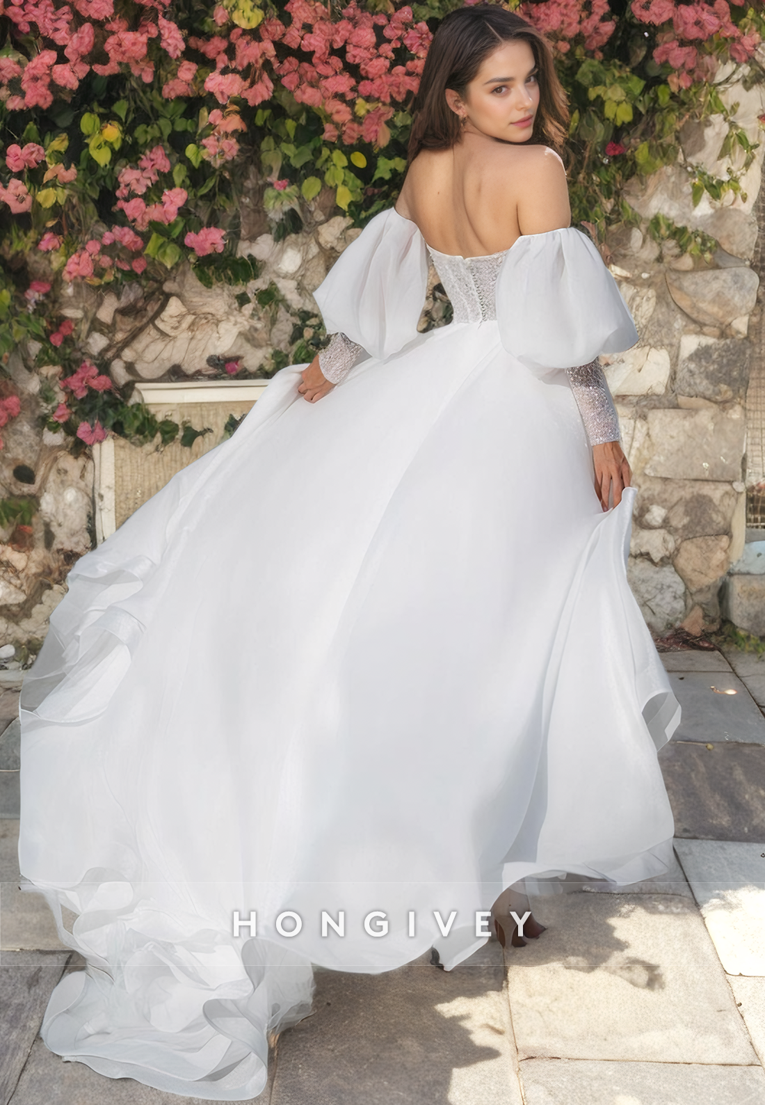 Applique Strapless Tulle Wedding Dress Long Sleeves A-Line with Side Slit Bride Gown