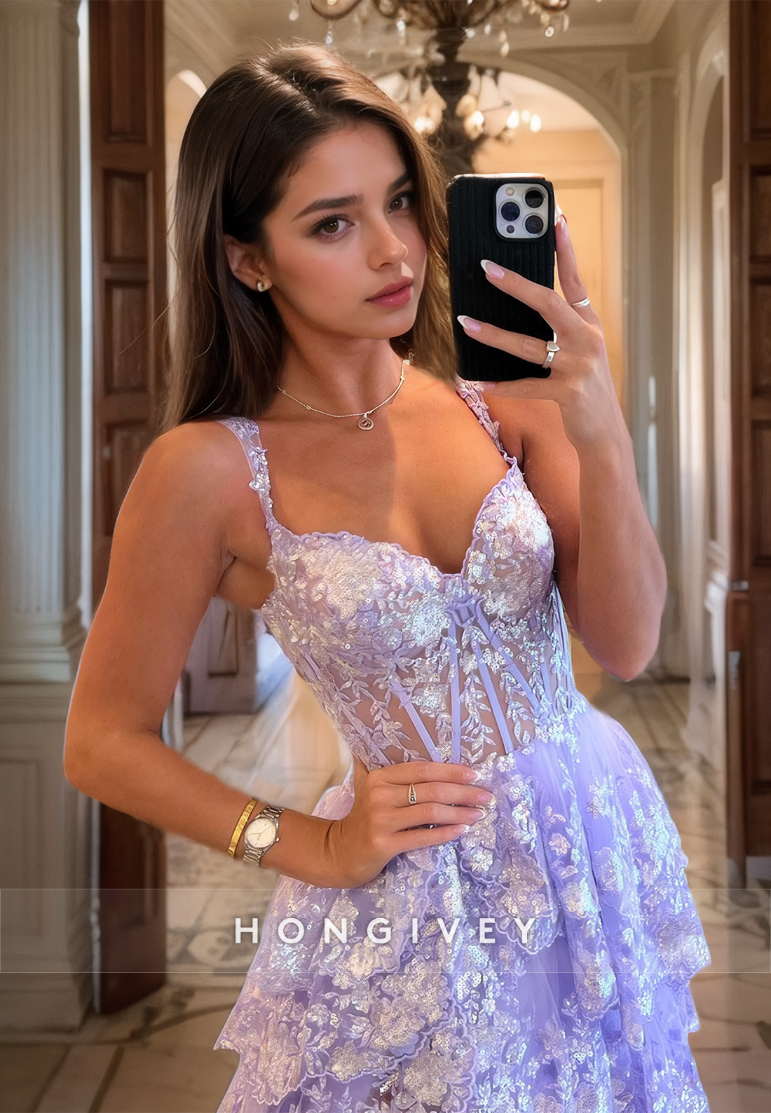 Glitter Lilac Tiered Prom Gown Straps Sweetheart with Train Homecoming Party Dress