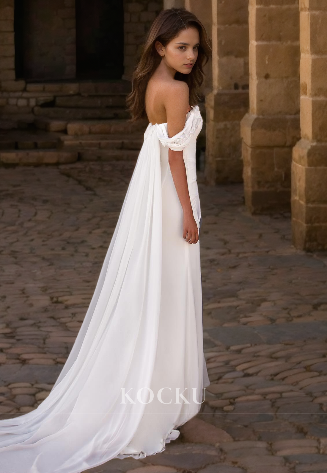 Tube Top Sheath Sleeveless High Slit Train Pleated Lace Wedding Dress with Floral Bridal Gowns
