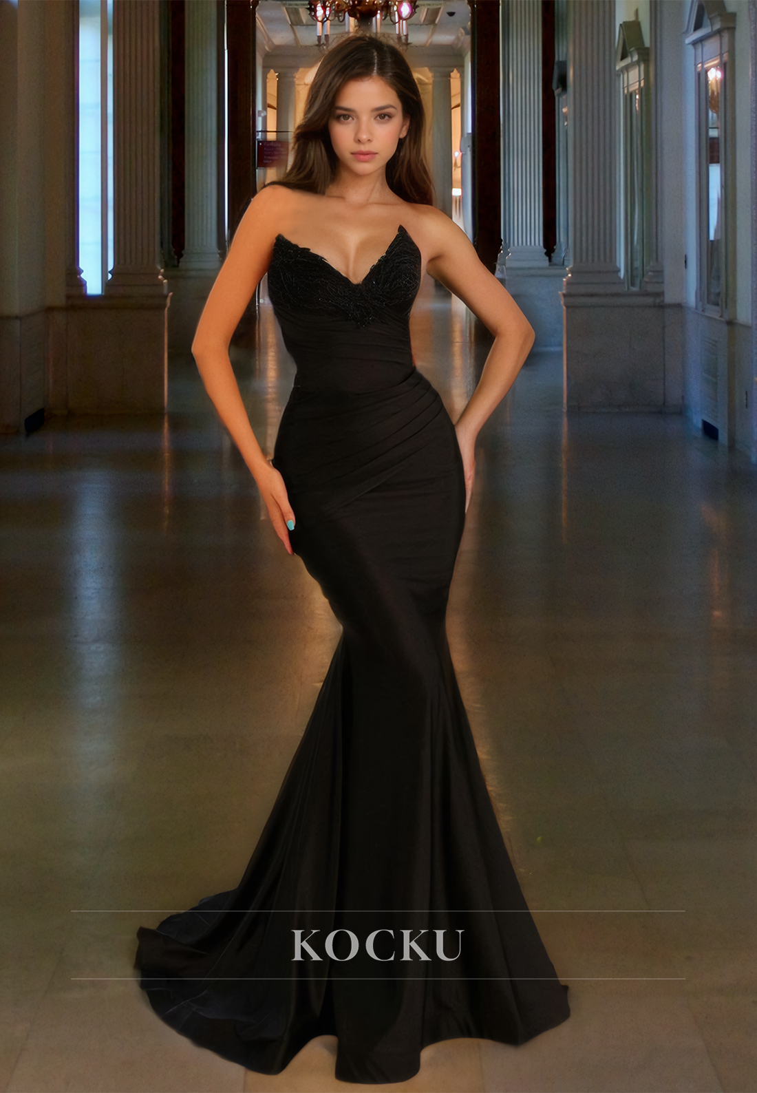 Sweetheart Sleeveless Mermaid Sweep Train Pleated Satin Formal Dress Prom Dress with Appliques
