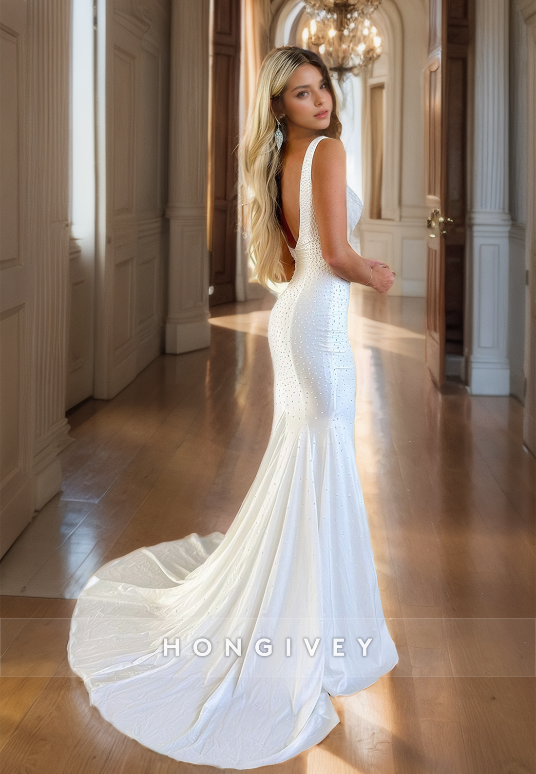White Polka Dot V-Neck Backless Empire Waist Mermaid Evening Dress Formal Gown