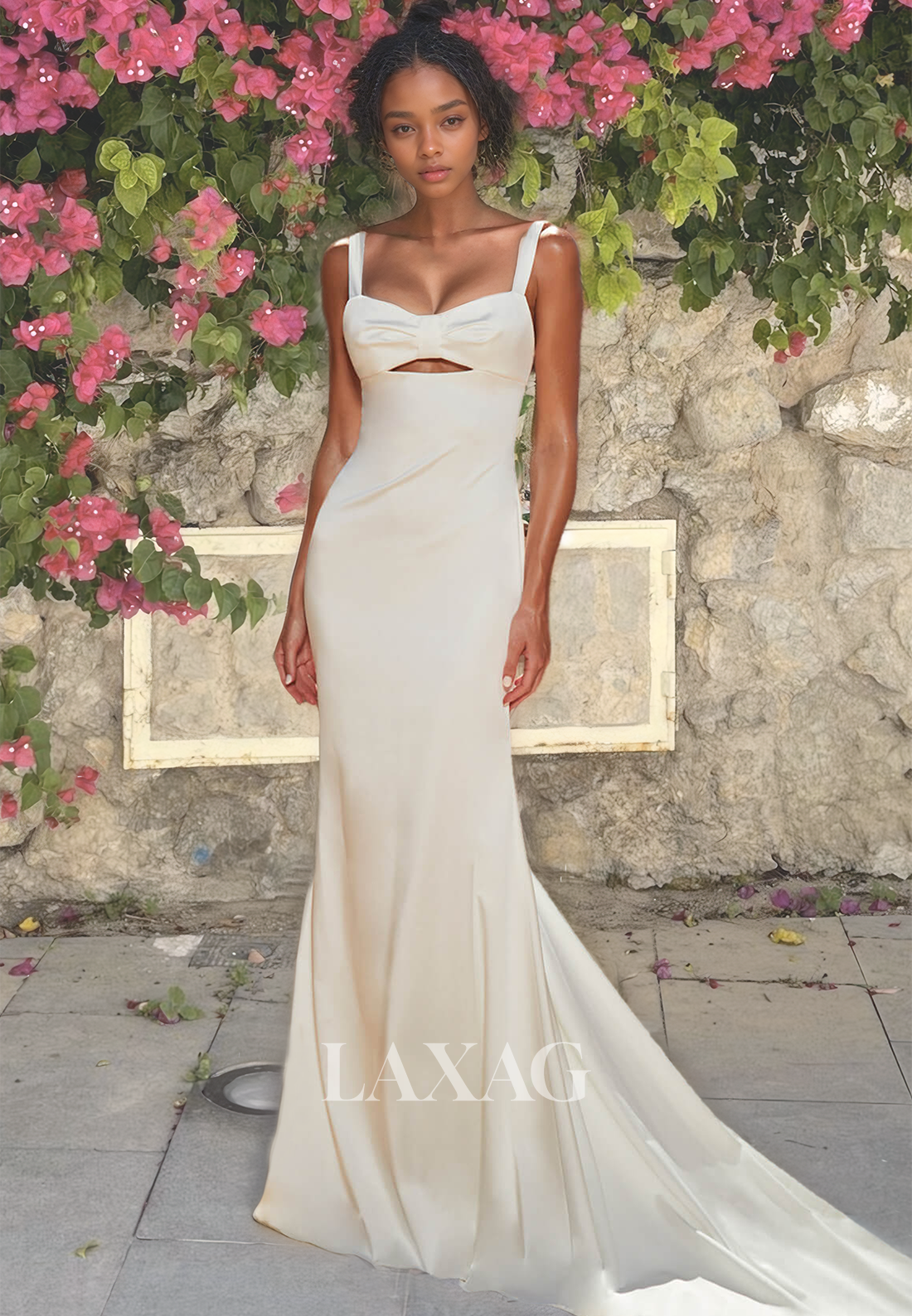 Sweetheart Spaghetti Straps Mermaid Bridal Dress Pleated Cutout Satin Wedding Dress with Sweep Train