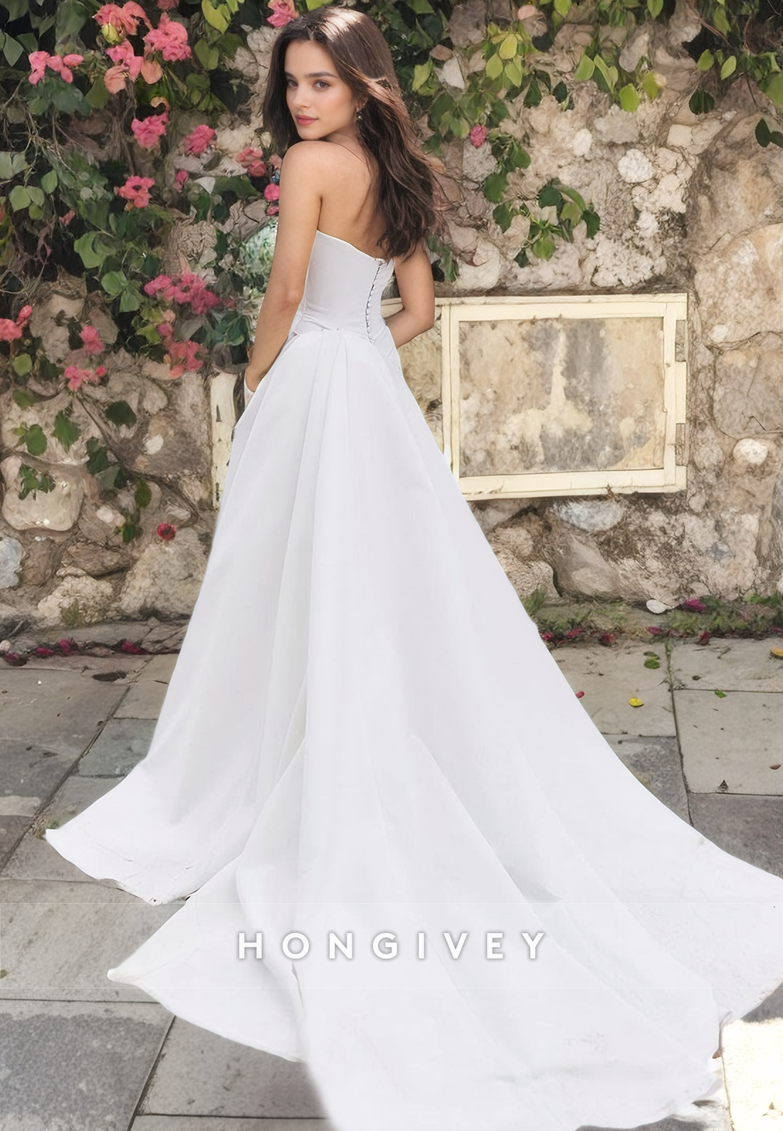 Chic Strapless Scoop Satin Sheath with Detachable Train Wedding Dress Bride Gown