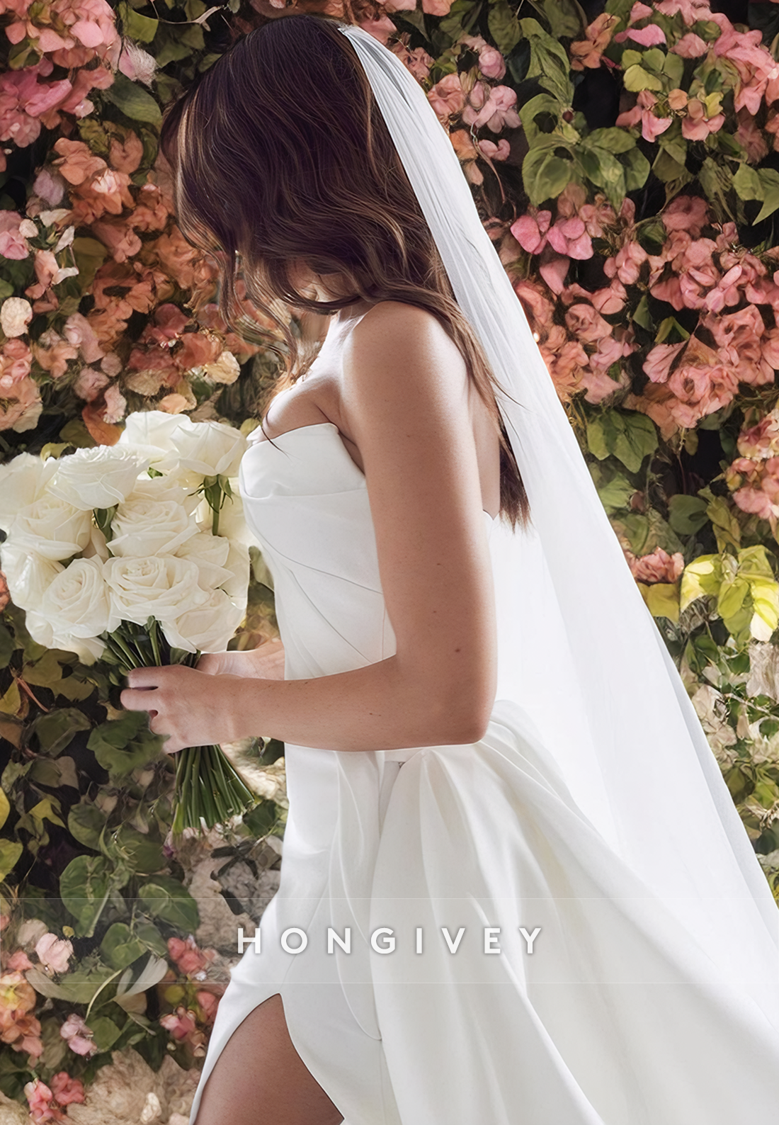 Chic Strapless Scoop Satin Sheath with Detachable Train Wedding Dress Bride Gown