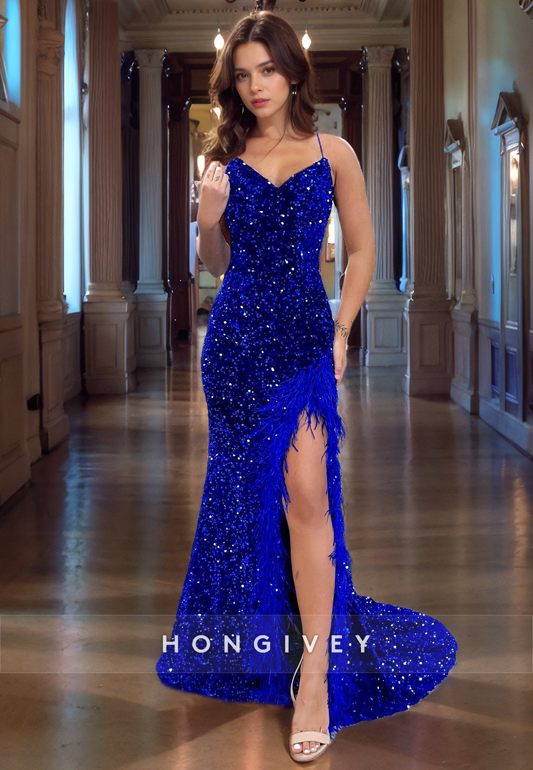 Sparkle Sequined Feathers Spaghetti Straps V-Neck Evening Dress Formal Party Gown