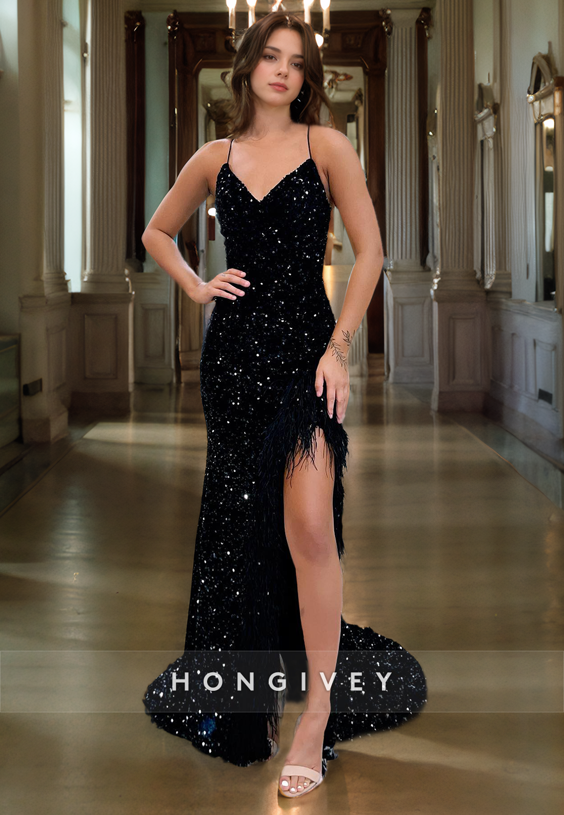 Sparkle Sequined Feathers Spaghetti Straps V-Neck Evening Dress Formal Party Gown