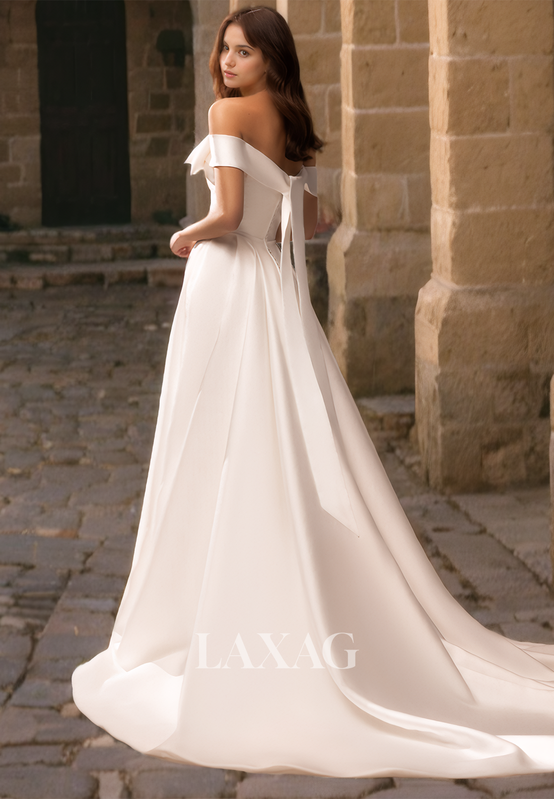 Simple A-Line Sleeveless Wedding Dress Bows Off-Shoulder Satin Bridal Dress with Train - Fashionpara