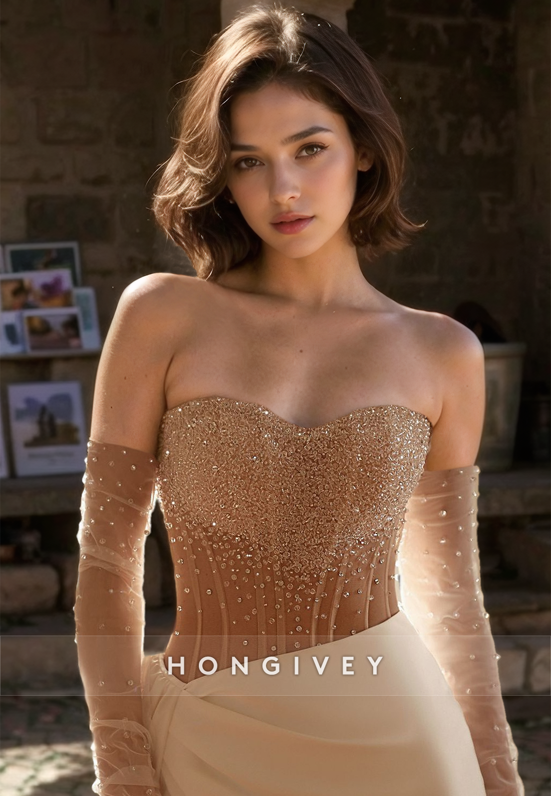 Sparkle Sequined Beaded Wedding Dress with Train Side Slit Sleeves Bridal Dresses