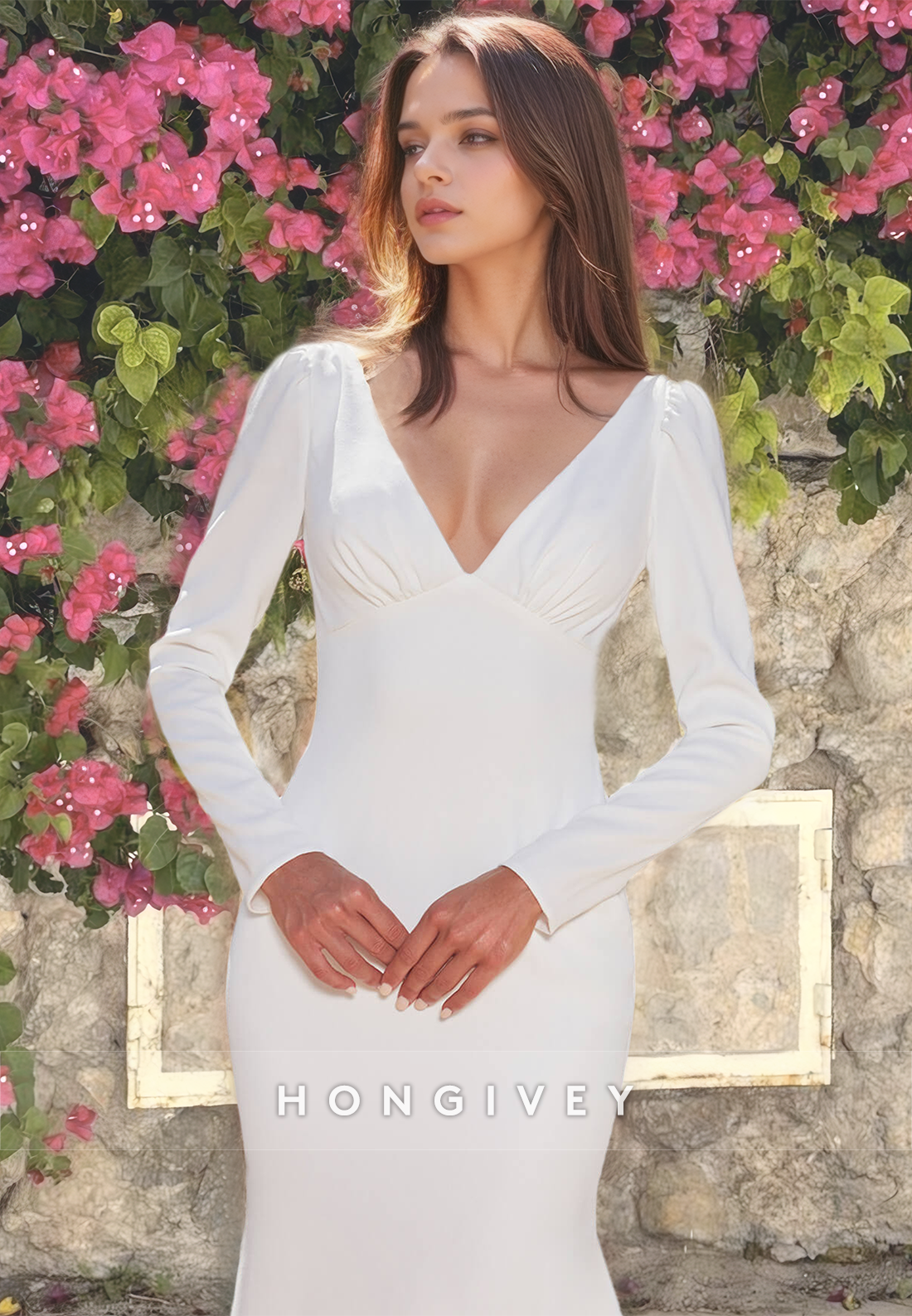 V-Neck Long Sleeves Backless Buttons Mermaid Beach Wedding Dress