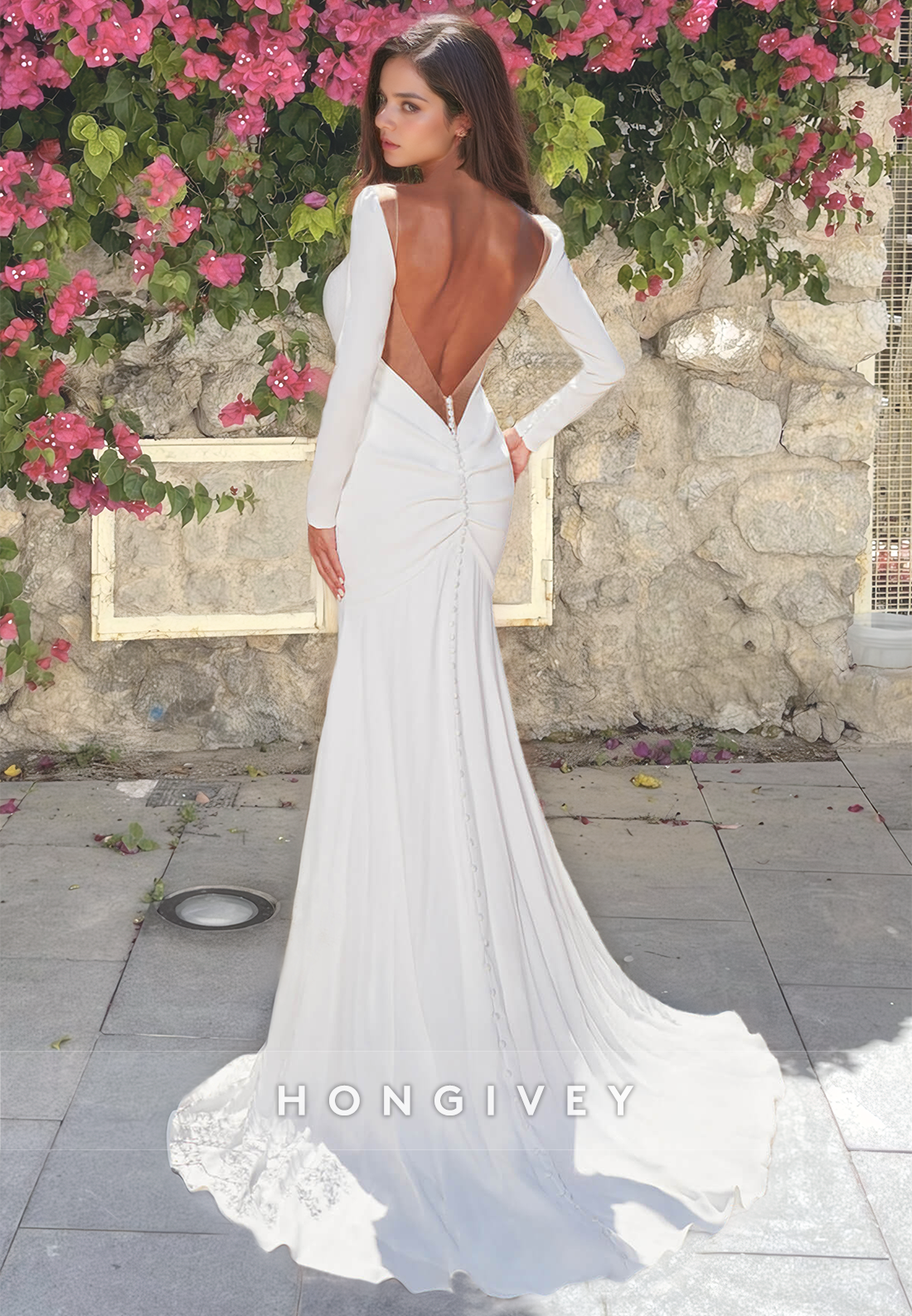 V-Neck Long Sleeves Backless Buttons Mermaid Beach Wedding Dress