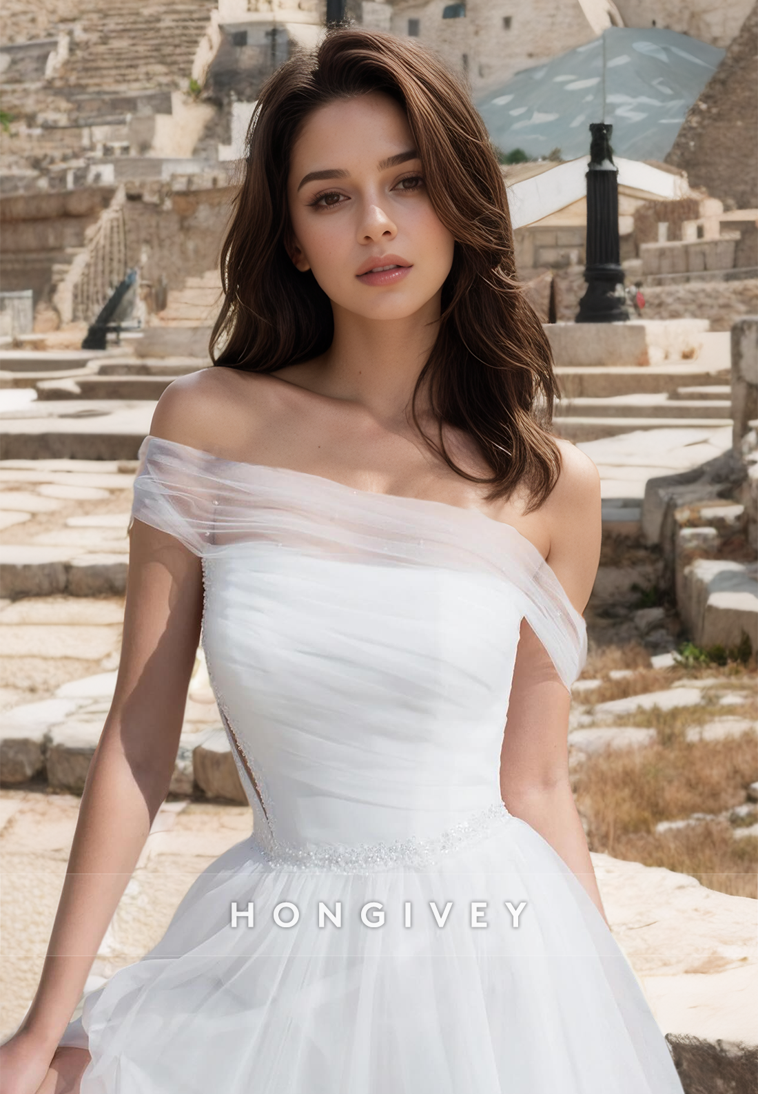 Chic Tulle A-Line Off-Shoulder Empire Beaded Ruched With Side Slit Train Wedding Dress