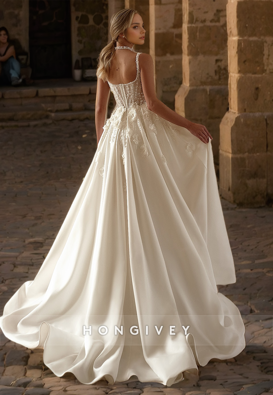 Straps Floral Wedding Dress with Gloves A-Line Side Slit Beaded Bride Gown New