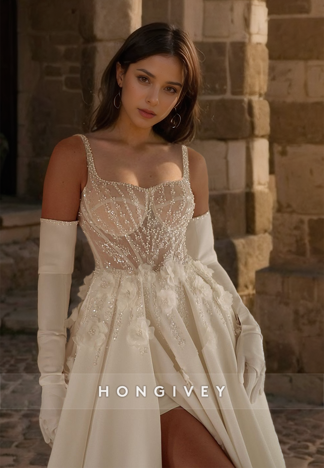 Straps Floral Wedding Dress with Gloves A-Line Side Slit Beaded Bride Gown New