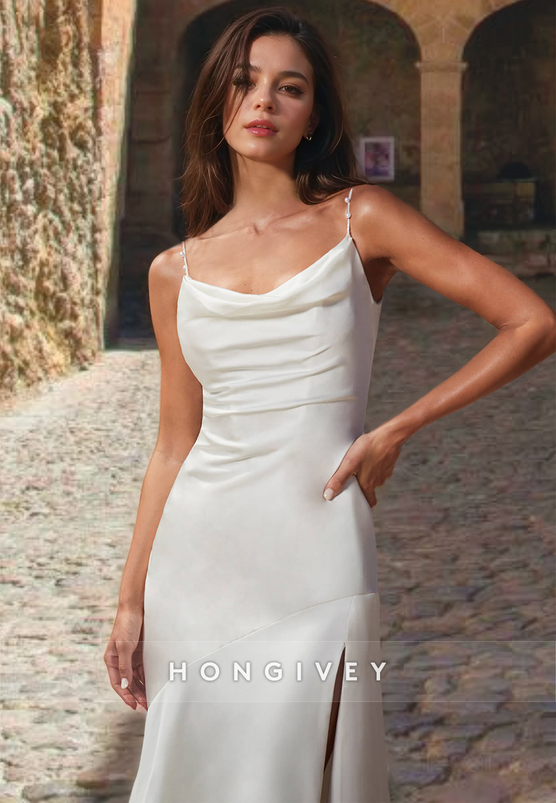 Straps Sleeveless Sheath Satin Wedding Dress with Side Slit Classic Bride Gown