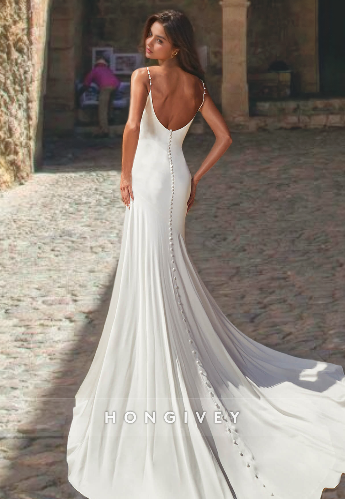 Straps Sleeveless Sheath Satin Wedding Dress with Side Slit Classic Bride Gown
