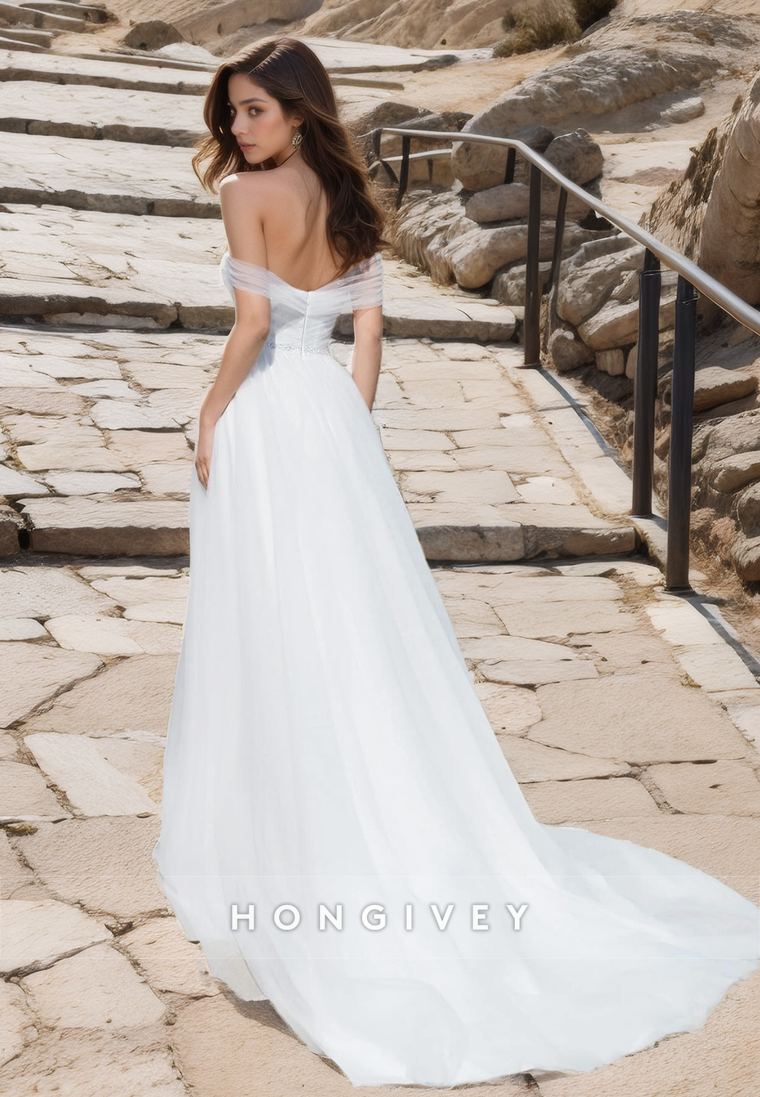 Chic Tulle A-Line Off-Shoulder Empire Beaded Ruched With Side Slit Train Wedding Dress