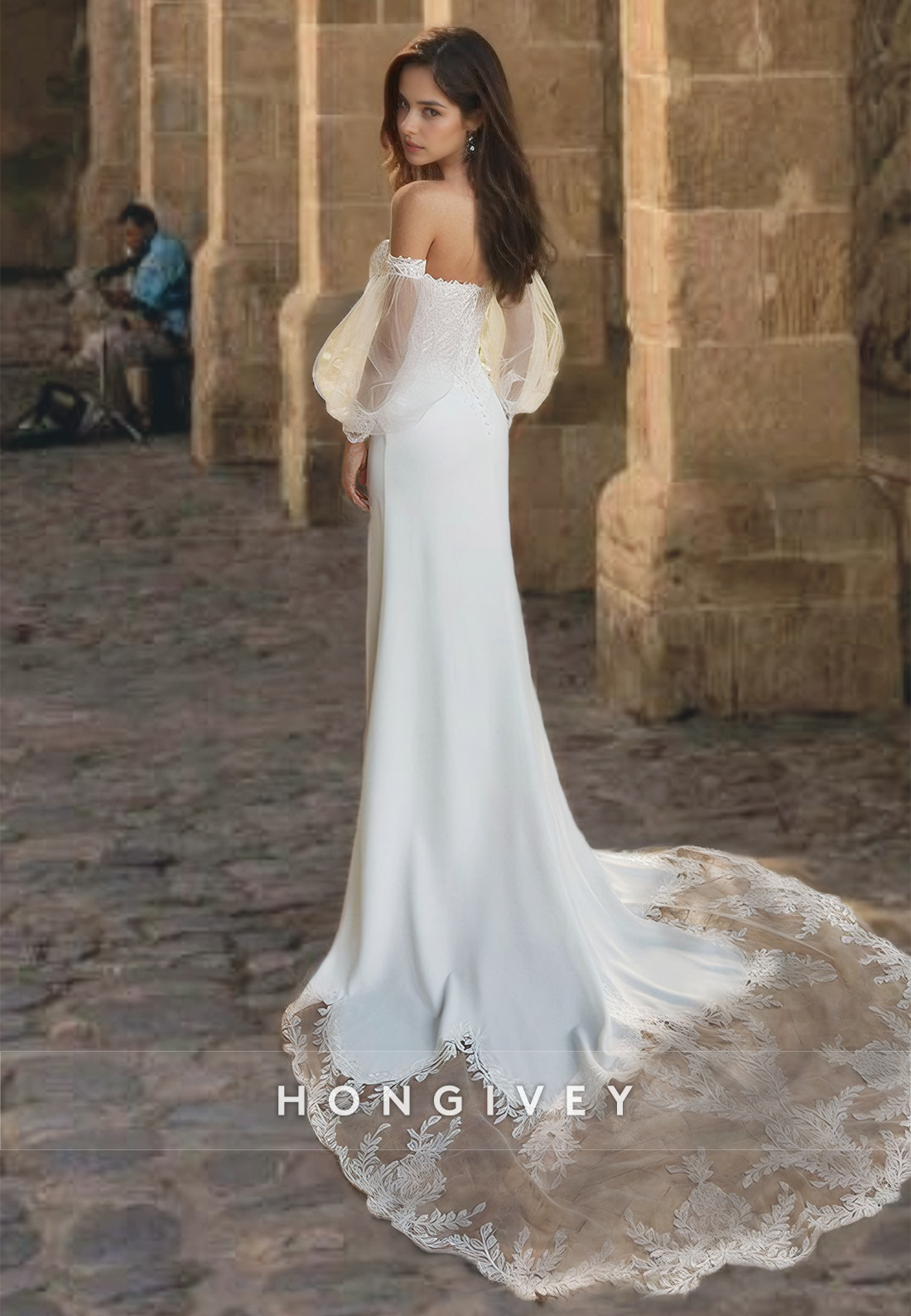 Sweet Strapless Applique Wedding Dress Sleeves with Train Sheath Bride Gown