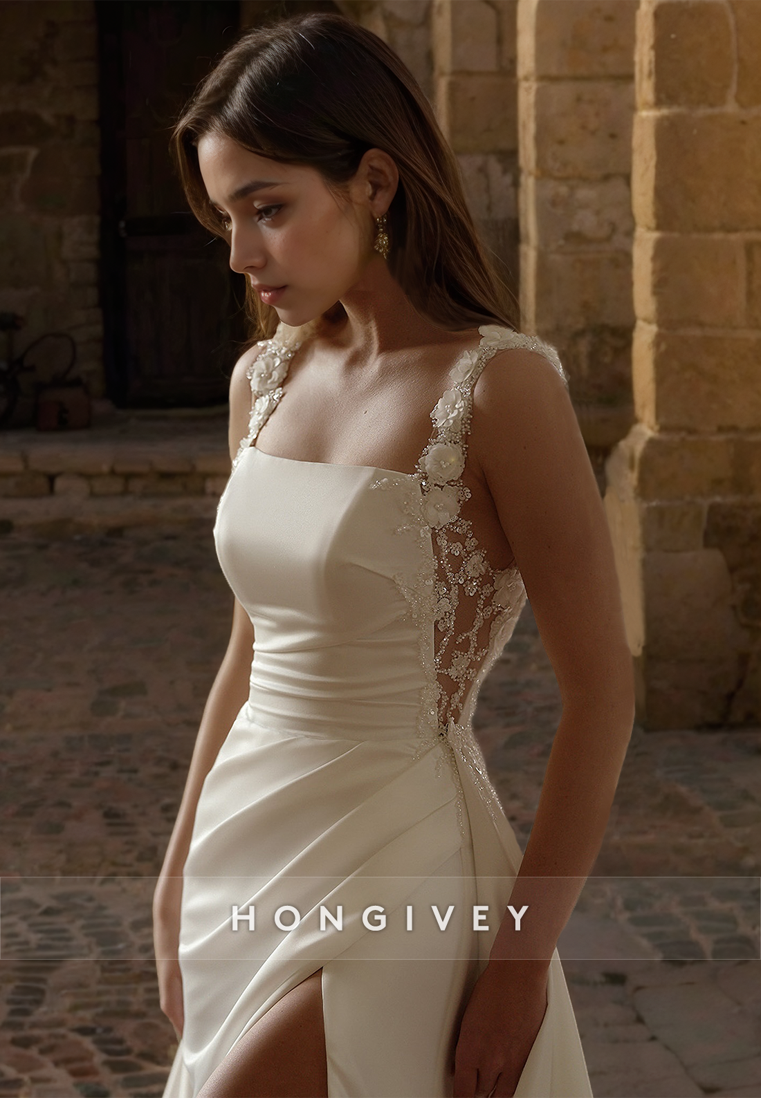 Square Floral Wedding Dress Straps Side Slit Satin Bride Gown with Train