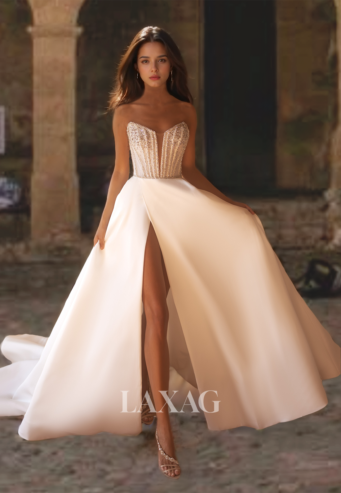 Sweetheart Off-Shoulder Satin Wedding Dress with Train Sleeveless Beaded Slit Bridal Gowns - Fashionpara
