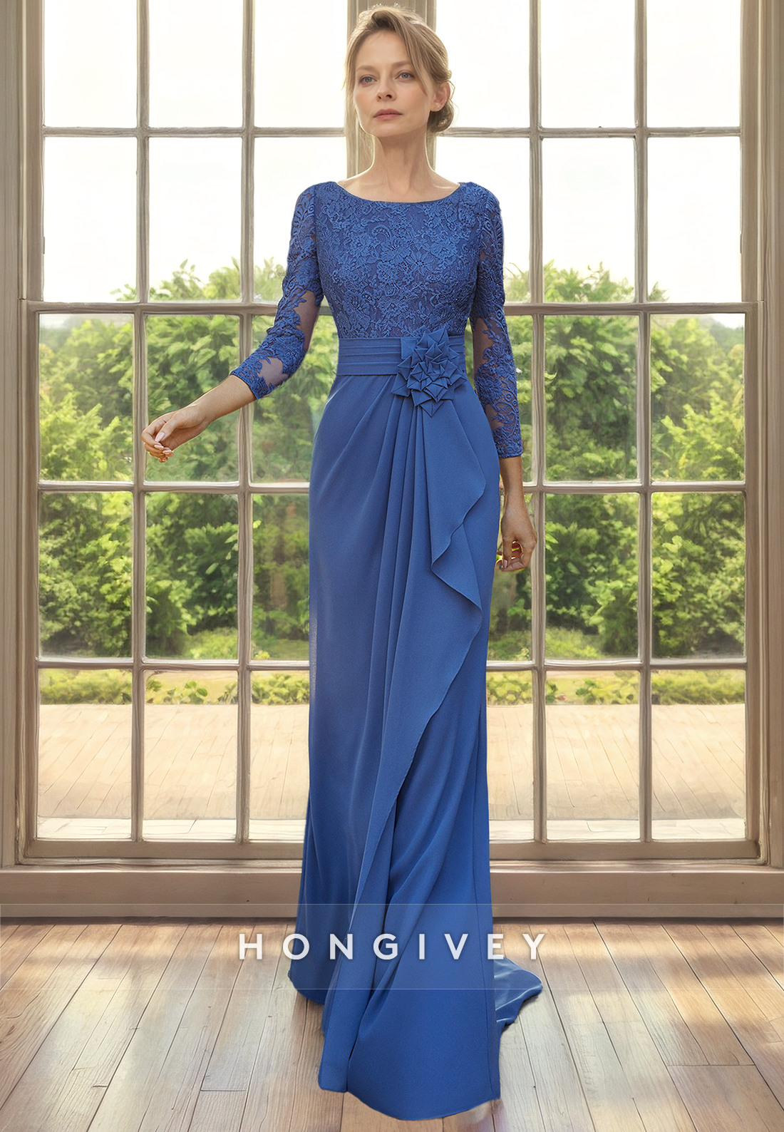 Fitted Scoop 3/4 Sleeves Two Tone Lace Applique Floral Mother of the Bride Dress