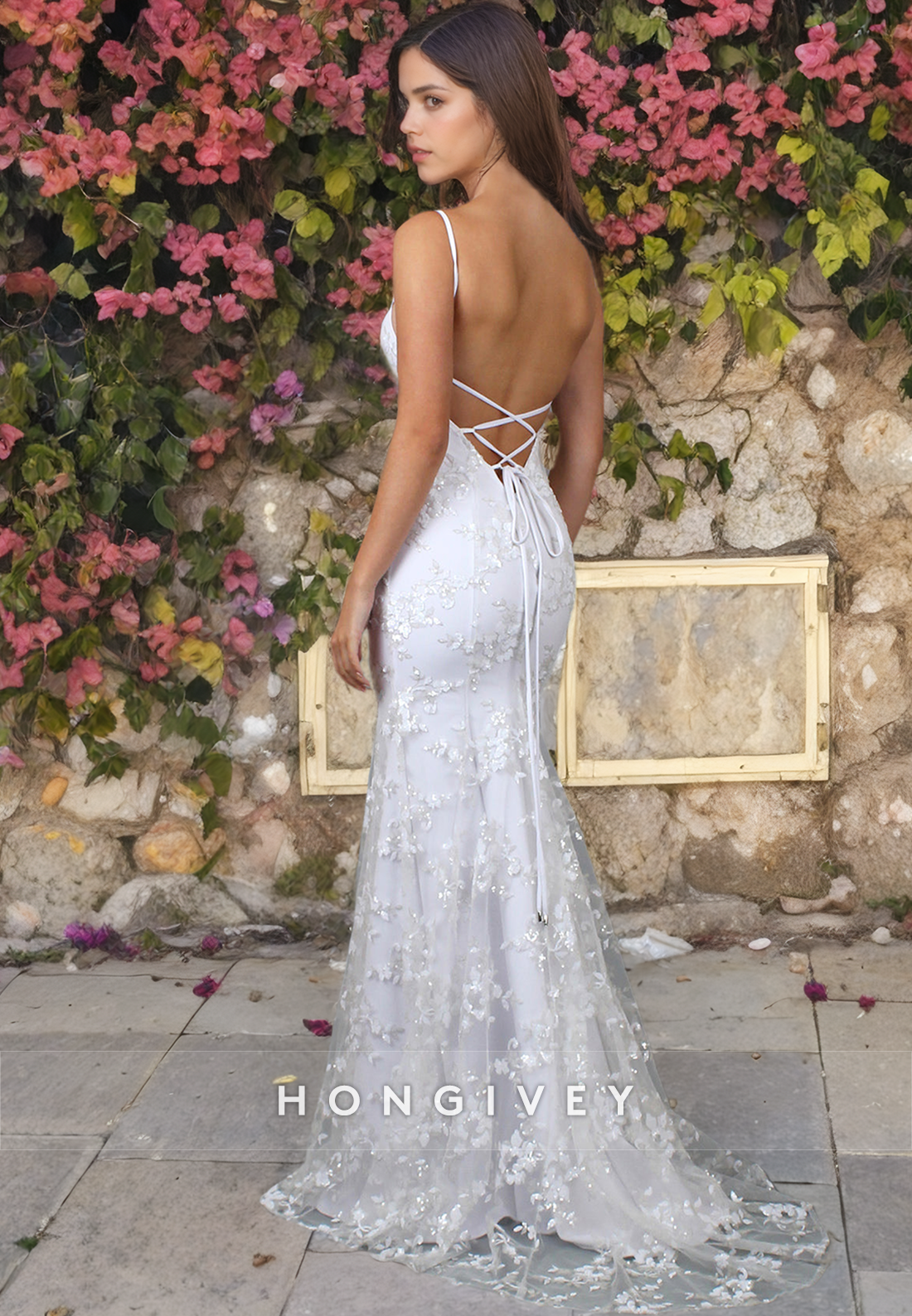 Sexy Straps Full Applique Floral Trumpet V-Neck Wedding Dress Bride Gown