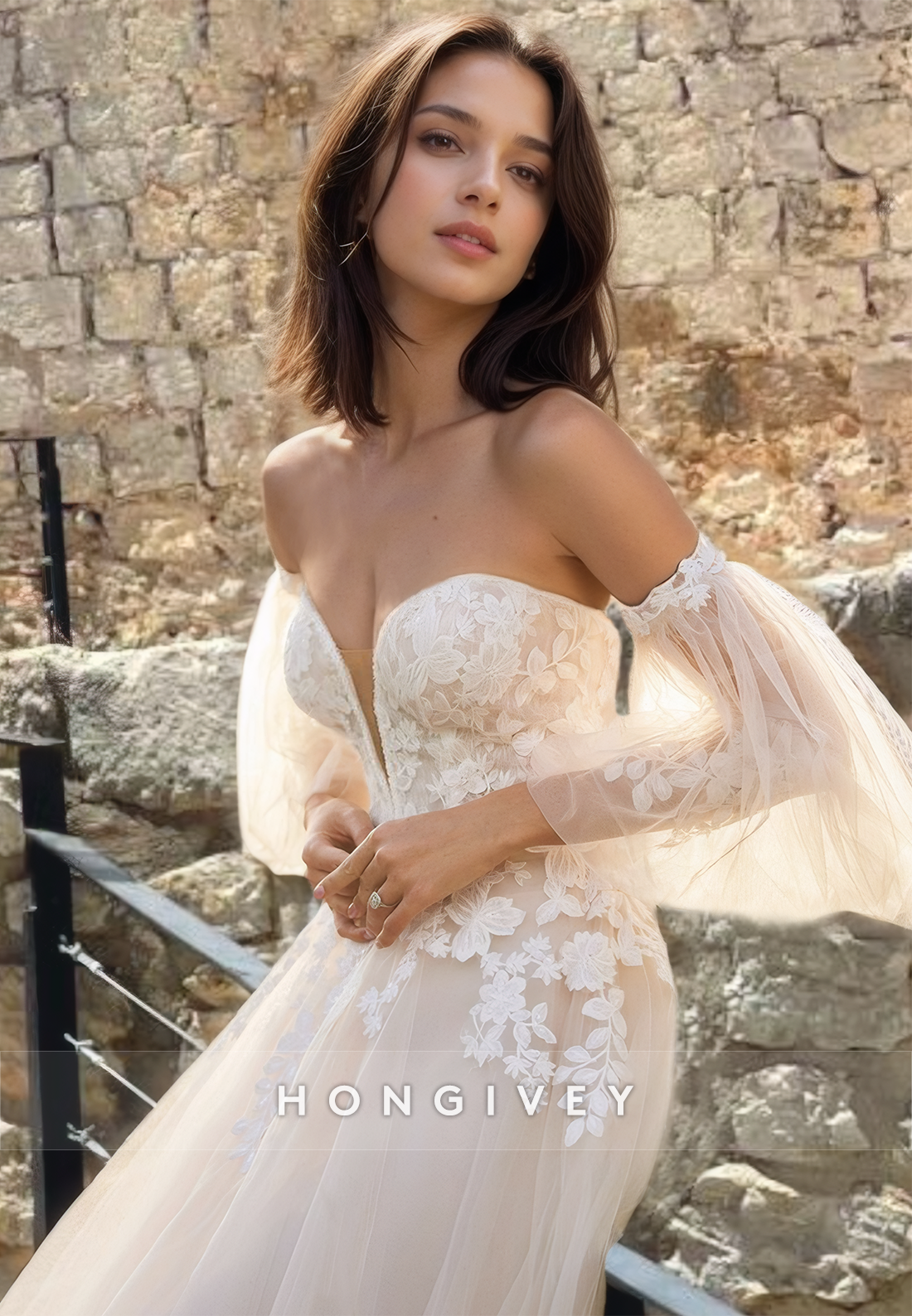 Seewt Strapless Applique Tulle Wedding Dress Sleeves Floor-Length Bride Gown