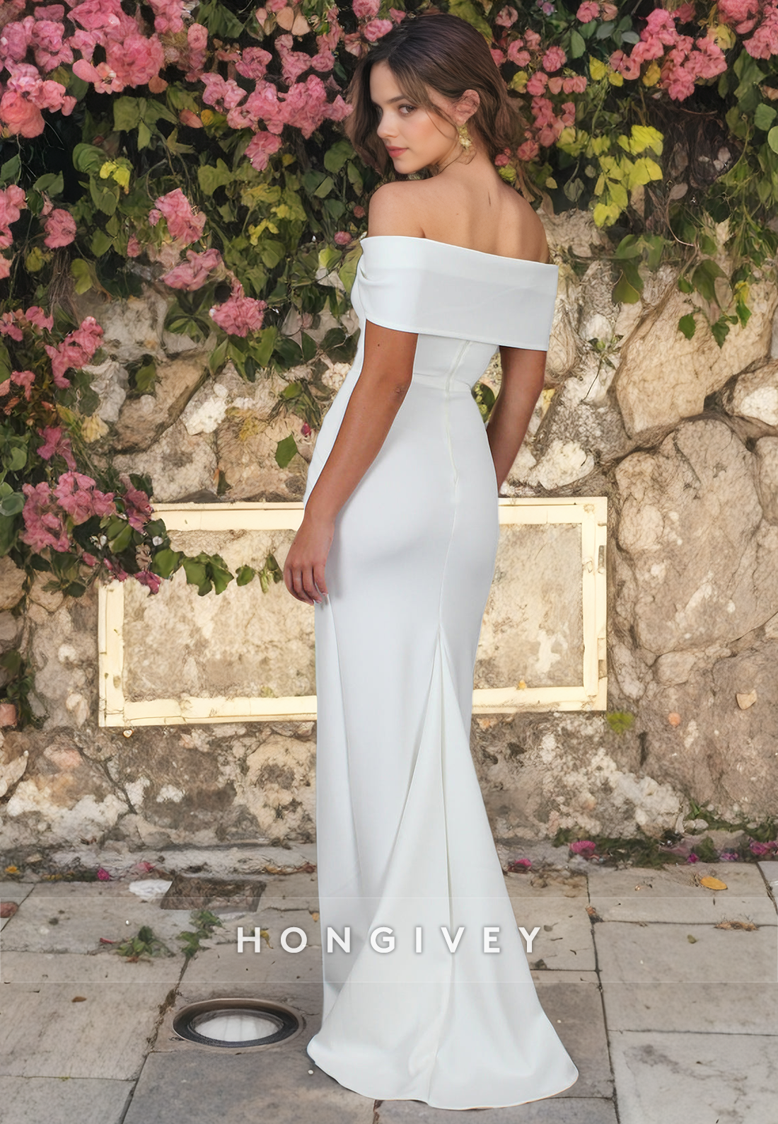 Elegant Off-Shoulder Satin Side Slit Ruched Wedding Dress Bride Gown