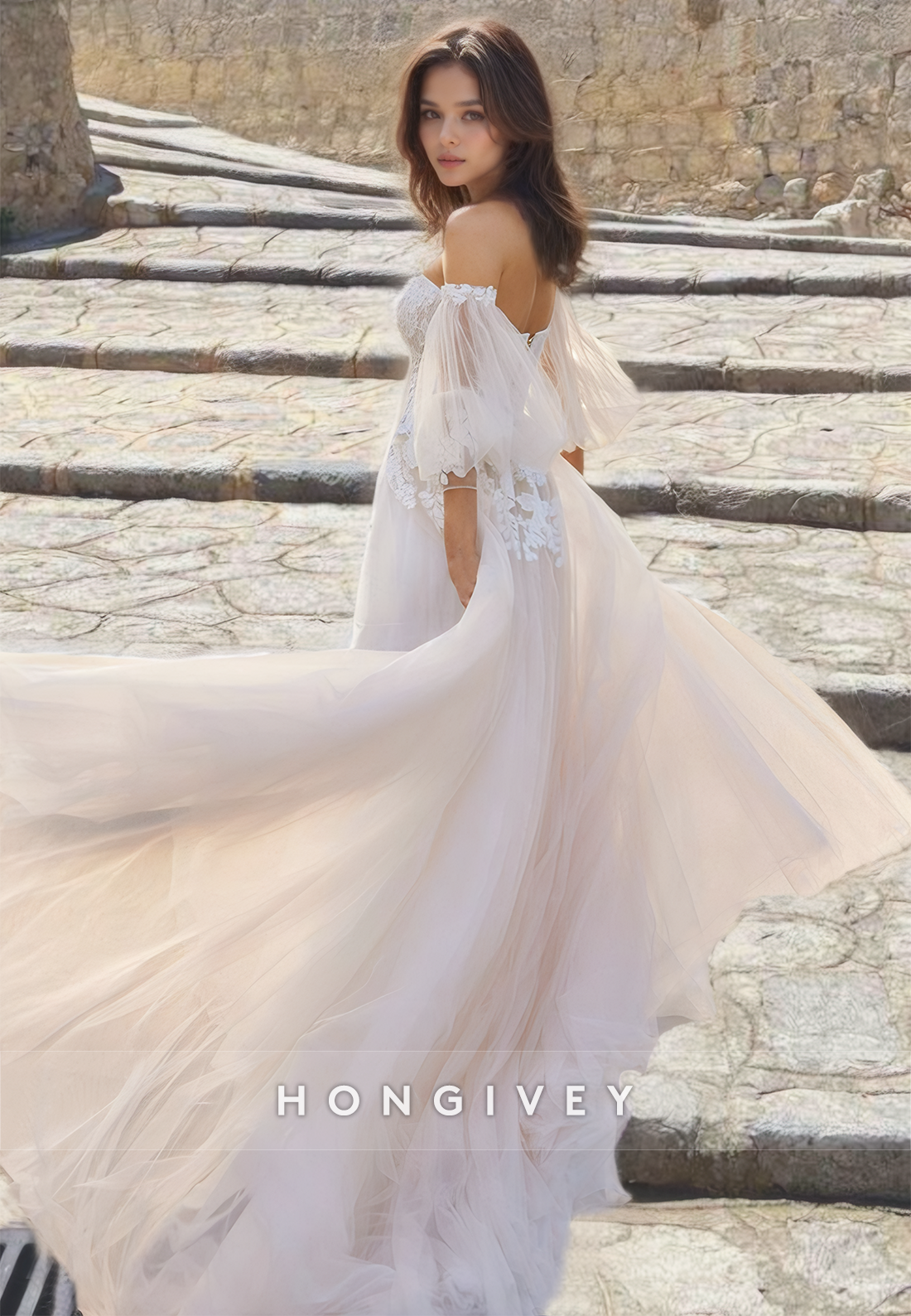 Seewt Strapless Applique Tulle Wedding Dress Sleeves Floor-Length Bride Gown