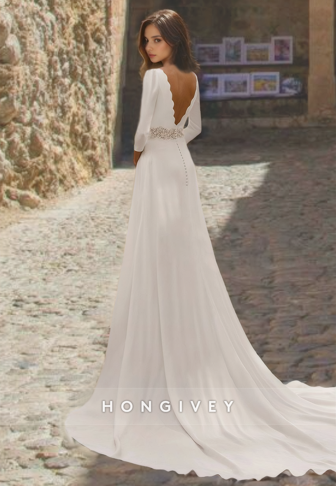Special Bateau Long Sleeves A-Line Beach Wedding Dress Applique Bride Gown