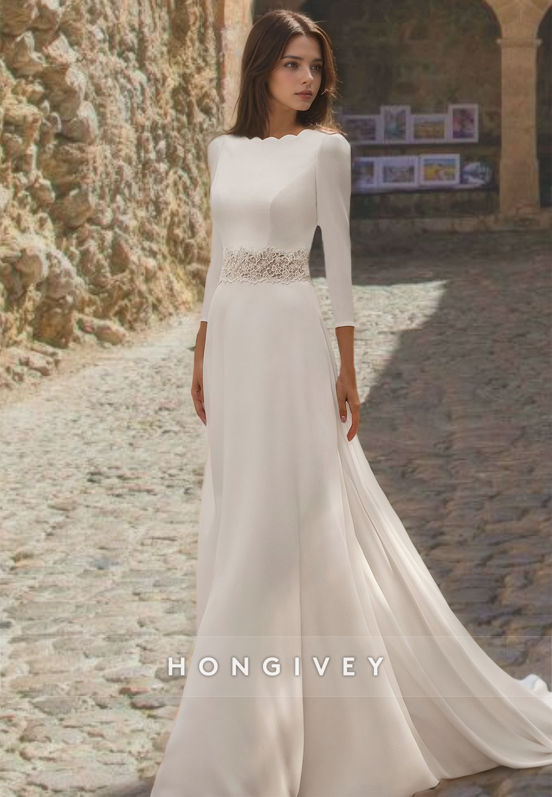 Special Bateau Long Sleeves A-Line Beach Wedding Dress Applique Bride Gown
