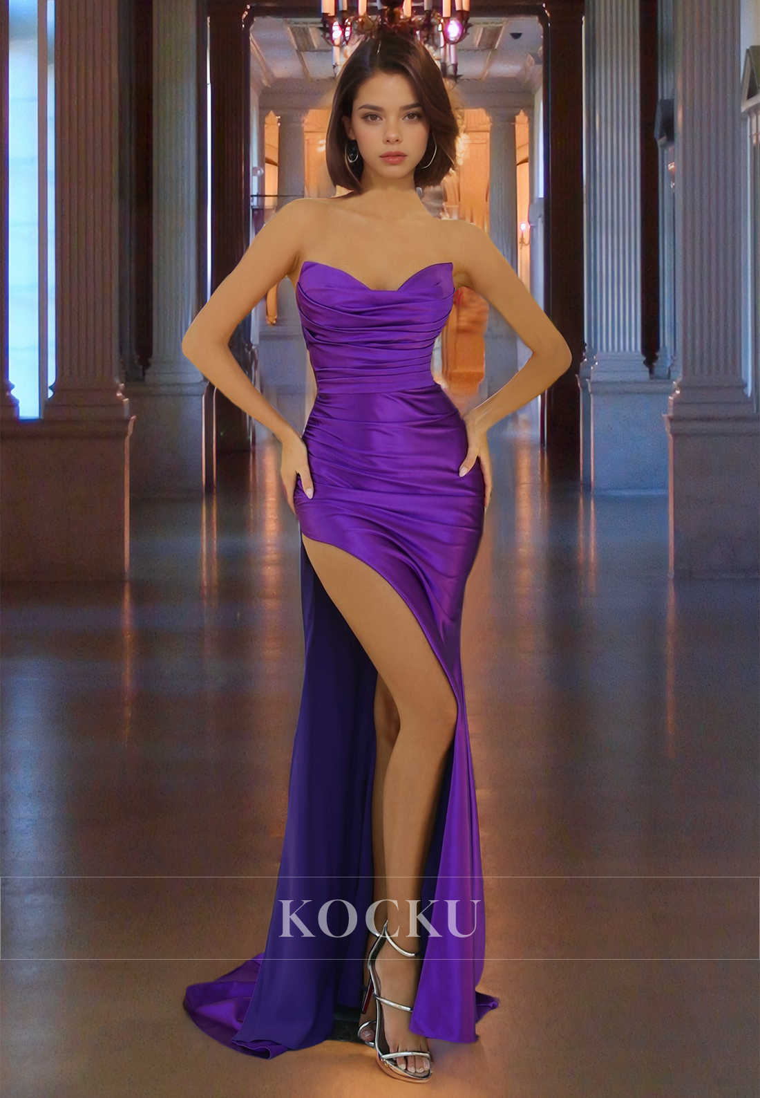 Elegant Sheath Sleeveless Prom Gown Sweetheart Satin Party Dress with Side Slit
