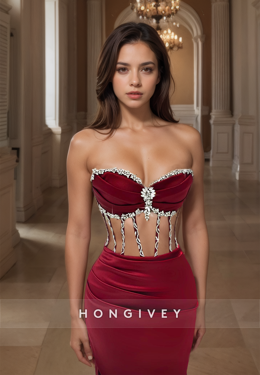 Sexy Dark Red Beaded Sweetheart Mermaid Evening Dress Prom Gown Party Dress